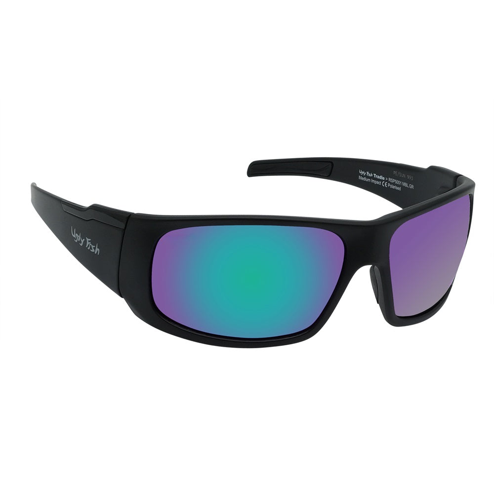 Polarised mirror safety sunglasses with a wrap around frame and purple lenses.