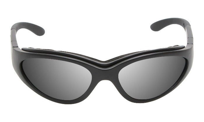 A pair of black Ugly Fish photochromic motorcycle goggles with a curved lens and adjustable strap.