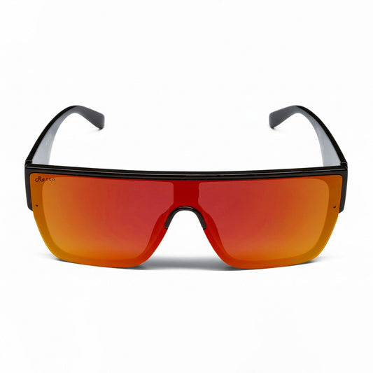 Bohemian Retro sunglasses with red gradient lenses and black frame on a white background