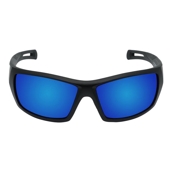 A pair of blue mirrored lens safety sunglasses with a wrap-around black frame.