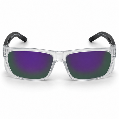 Ugly Fish Comet Safety Clear-framed sunglasses with purple and green lenses on a white background