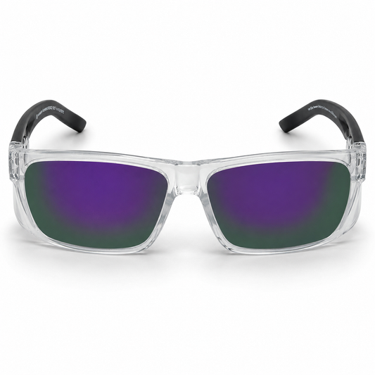 Ugly Fish Comet Safety Clear-framed sunglasses with purple and green lenses on a white background
