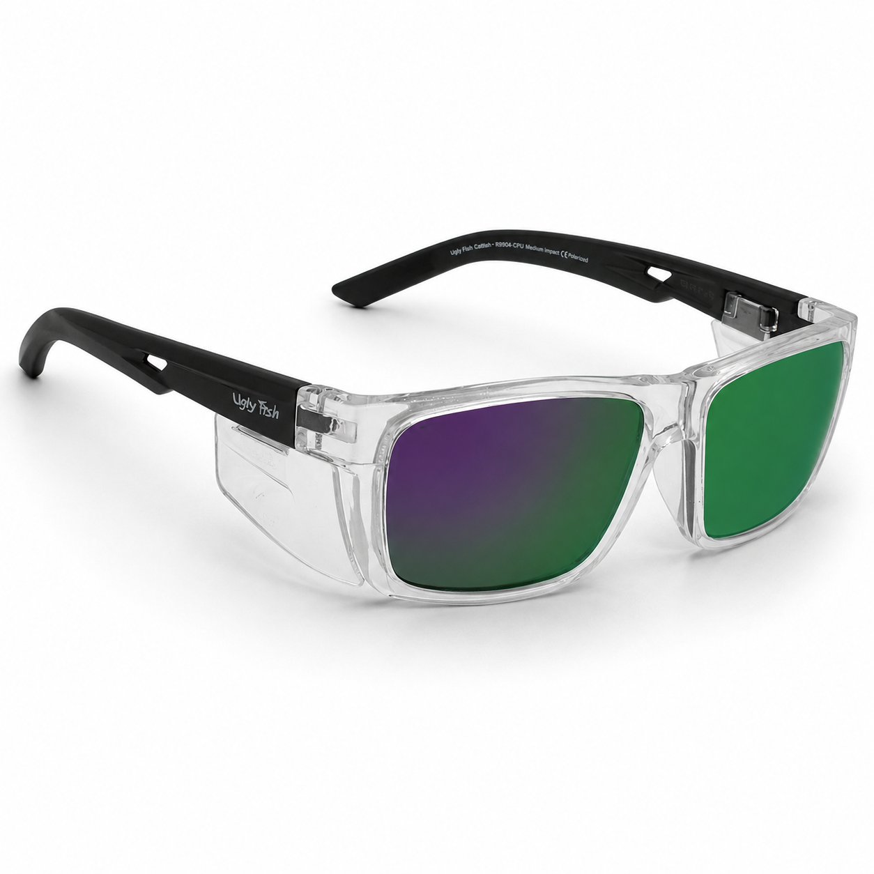 Ugly Fish Comet Safety sunglasses with clear frame and green lenses on a white background