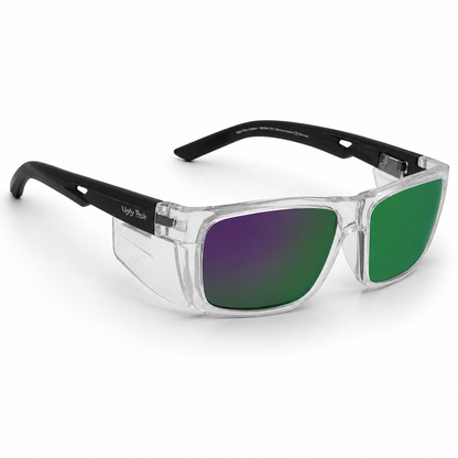Ugly Fish Comet Safety sunglasses with clear frame and green lenses on a white background