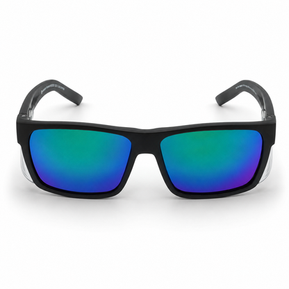 Ugly Fish Comet safety sunglasses with black frame and blue-tinted lenses on a white background