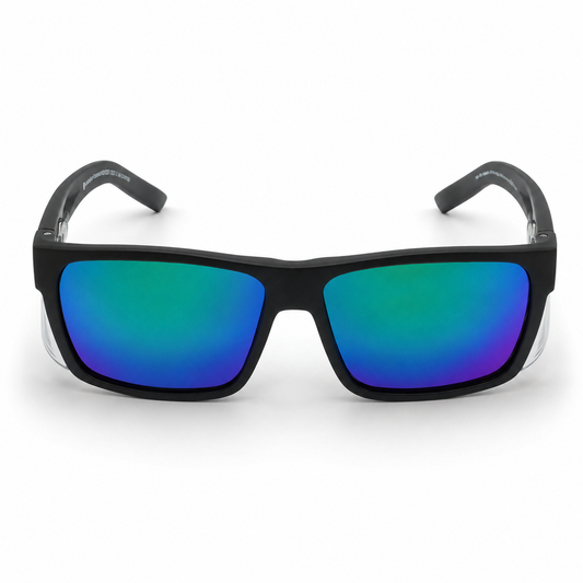 Ugly Fish Comet safety sunglasses with black frame and blue-tinted lenses on a white background