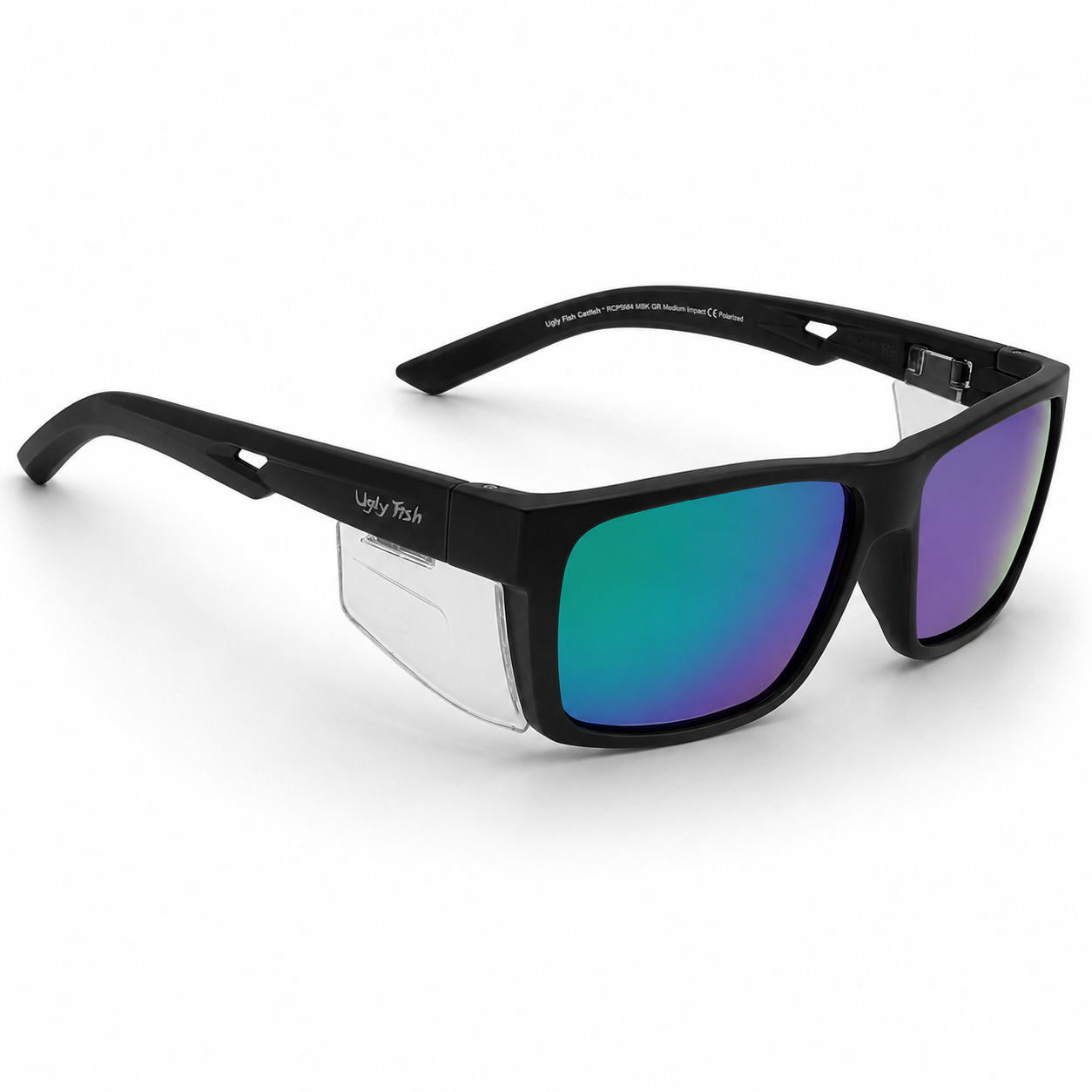 Ugly Fish Comet Safety black sunglasses with blue and purple gradient lenses on a white background