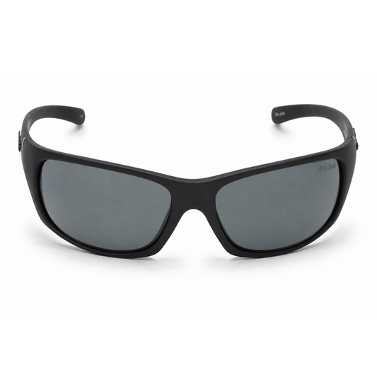 Ugly Fish Eclipse premium polarised black sunglasses with gray lenses on a white background