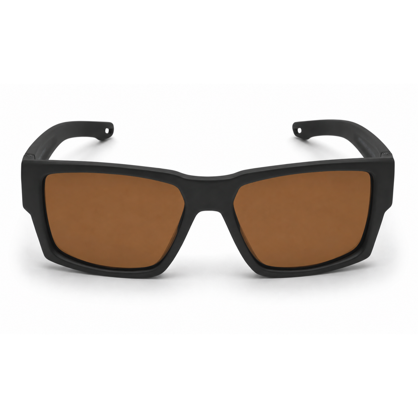 Black-framed sunglasses with brown lenses on a white background