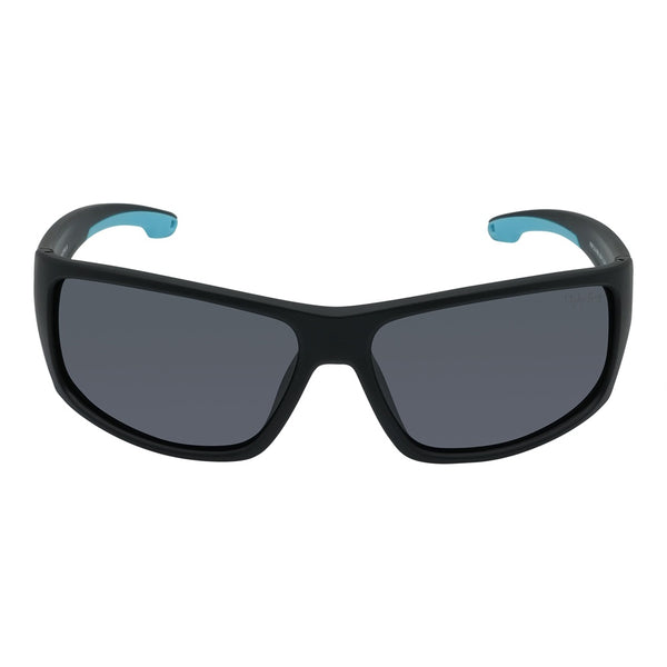 A pair of black Ugly Fish wrapped sunglasses with blue accents on the arms, featuring polarized lenses and designed to float on water.
