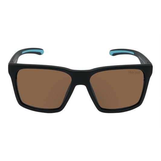 A pair of black Ugly Fish sunglasses with blue accents on the arms, featuring polarized lenses and designed to float on water.