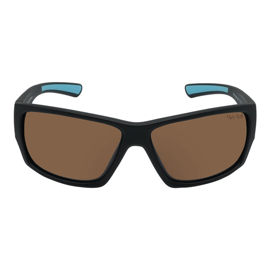 A pair of black Ugly Fish sunglasses with blue accents on the arms, featuring polarized lenses and designed to float on water.