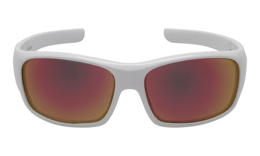 A pair of white polarised wrap sunglasses from Ugly Fish with a flexible frame and red lenses. 