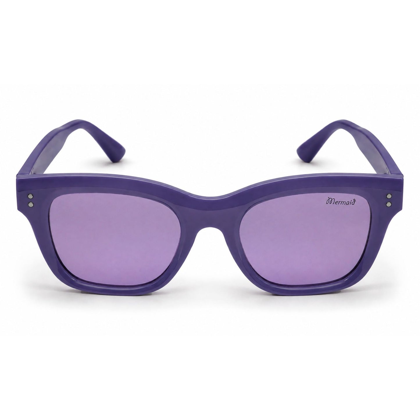 Purple Ugly Fish Kids sunglasses with a thick, rounded cat-eye frame and matching purple lenses, featuring a small 'Mermaid' brand logo on the upper right lens.