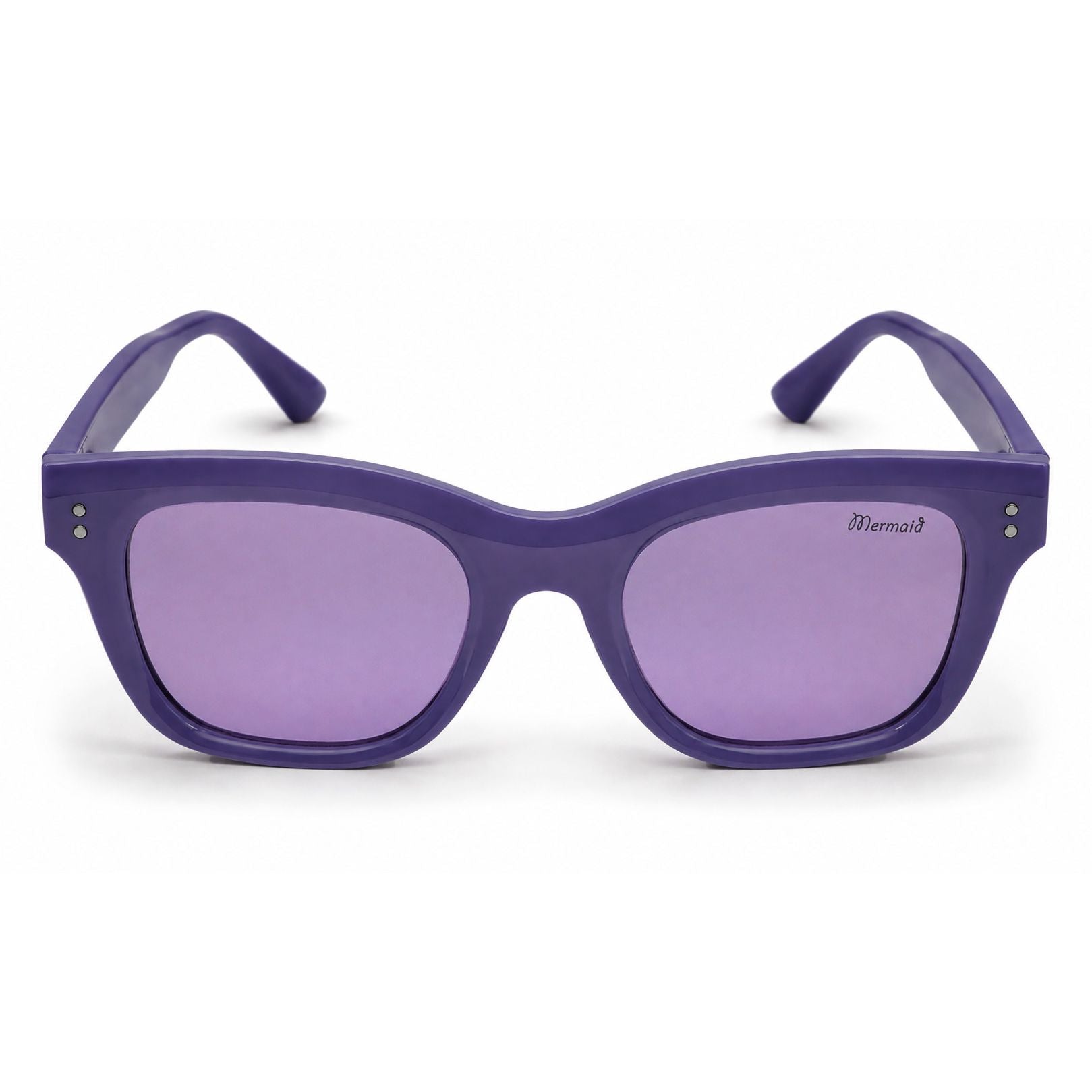 Purple Ugly Fish Kids sunglasses with a thick, rounded cat-eye frame and matching purple lenses, featuring a small 'Mermaid' brand logo on the upper right lens.