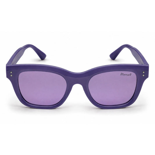 Purple Ugly Fish Kids sunglasses with a thick, rounded cat-eye frame and matching purple lenses, featuring a small 'Mermaid' brand logo on the upper right lens.