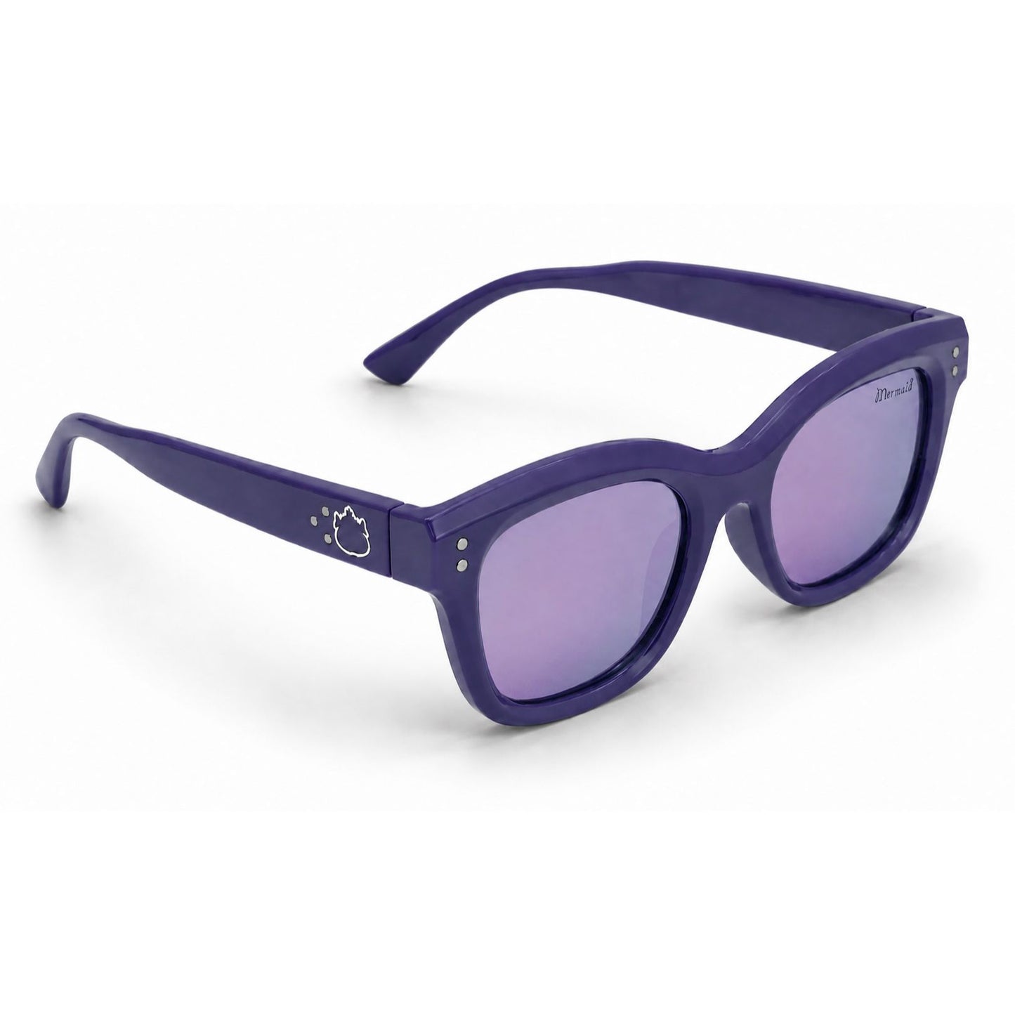 A pair of purple Ugly Fish Kids sunglasses with matching purple mirrored lenses, featuring a small cartoon face graphic on the temple arm and silver rivets, shown on a clean white background.