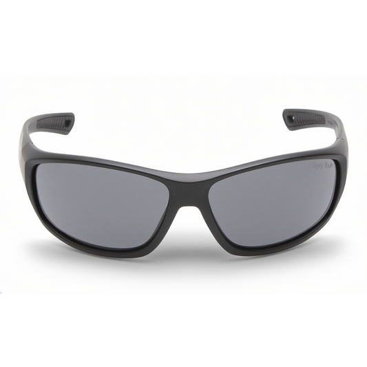 Black R177 Motorcycle sunglasses with gray lenses on a white background