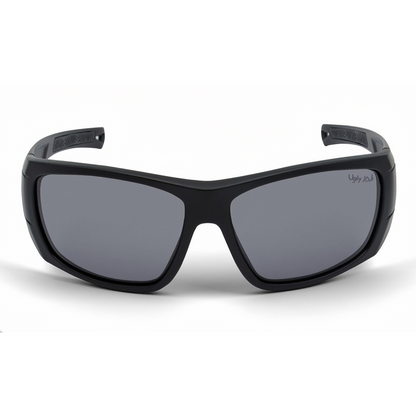 RS3644 Black Motorcycle sunglasses with gray lenses on a white background