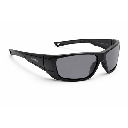 RS3644 Black Motorcycle sunglasses with gray lenses on a white background