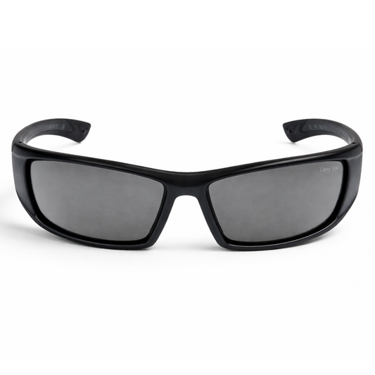 RS4077 Black Motorcycle sunglasses with dark lenses on a white background