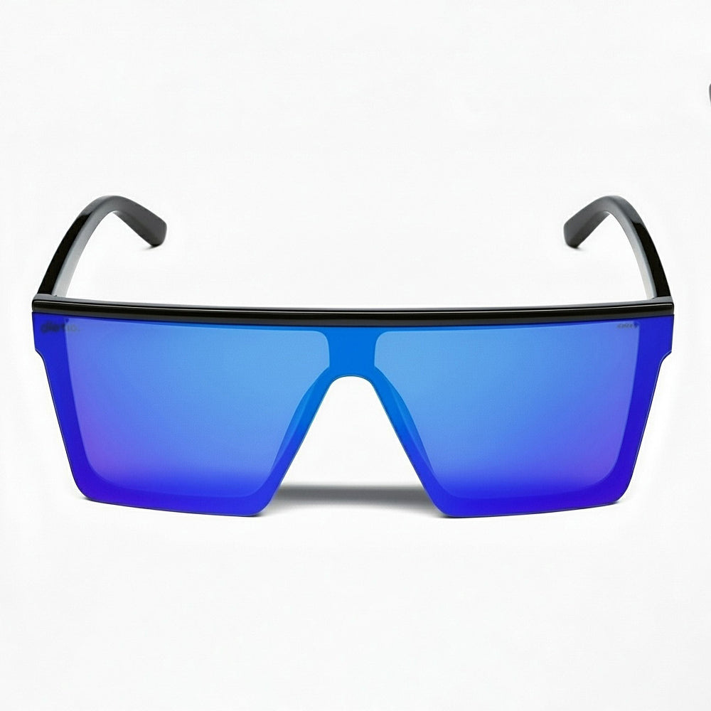 Retro Rogue polarised sunglasses with a black frame and blue lenses on a white background