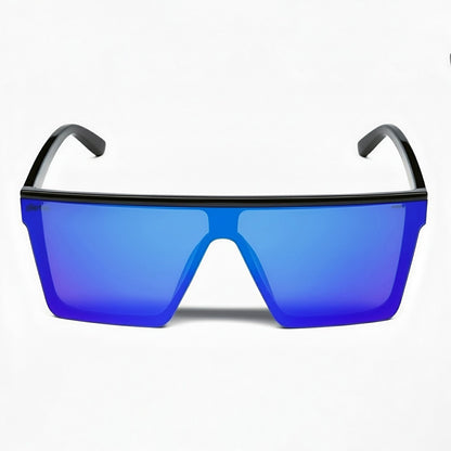 Retro Rogue polarised sunglasses with a black frame and blue lenses on a white background