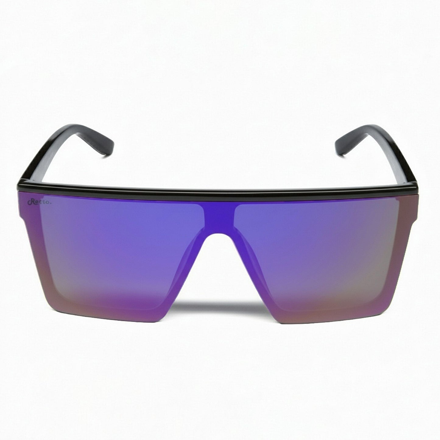 Retro Rogue polarised sunglasses with a black frame and purple lenses on a white background