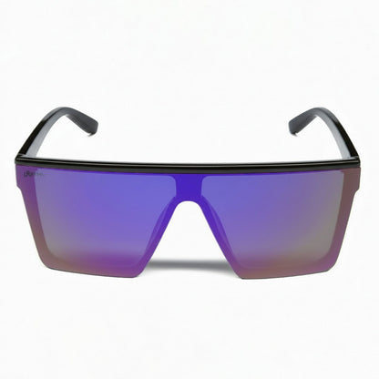 Retro Rogue polarised sunglasses with a black frame and purple lenses on a white background