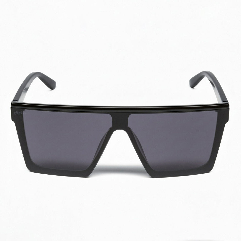 Retro Rogue polarised sunglasses with a black frame and smokes lenses on a white background