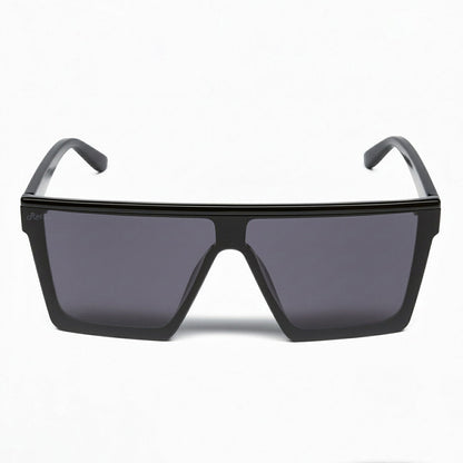 Retro Rogue polarised sunglasses with a black frame and smokes lenses on a white background