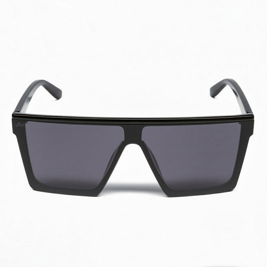 Retro Rogue polarised sunglasses with a black frame and smokes lenses on a white background