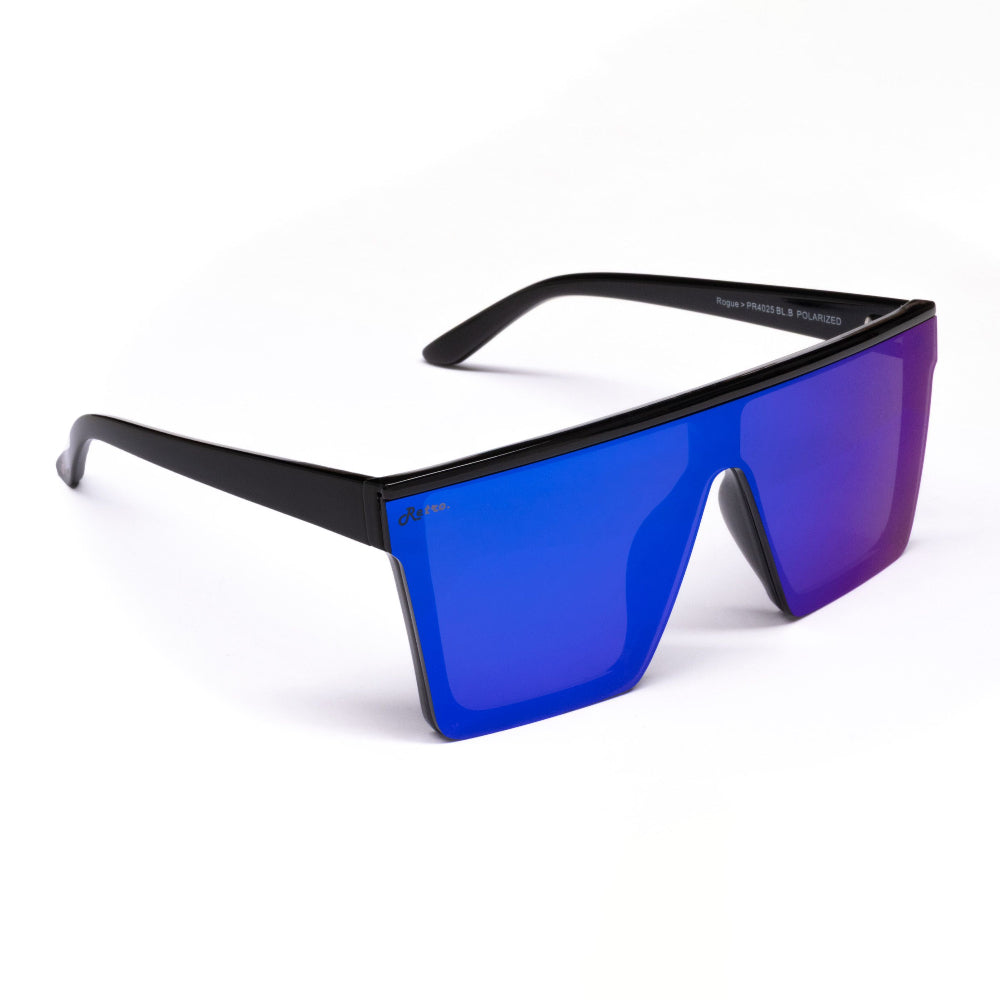 Retro Rogue sunglasses with black frame and blue lenses on a white background