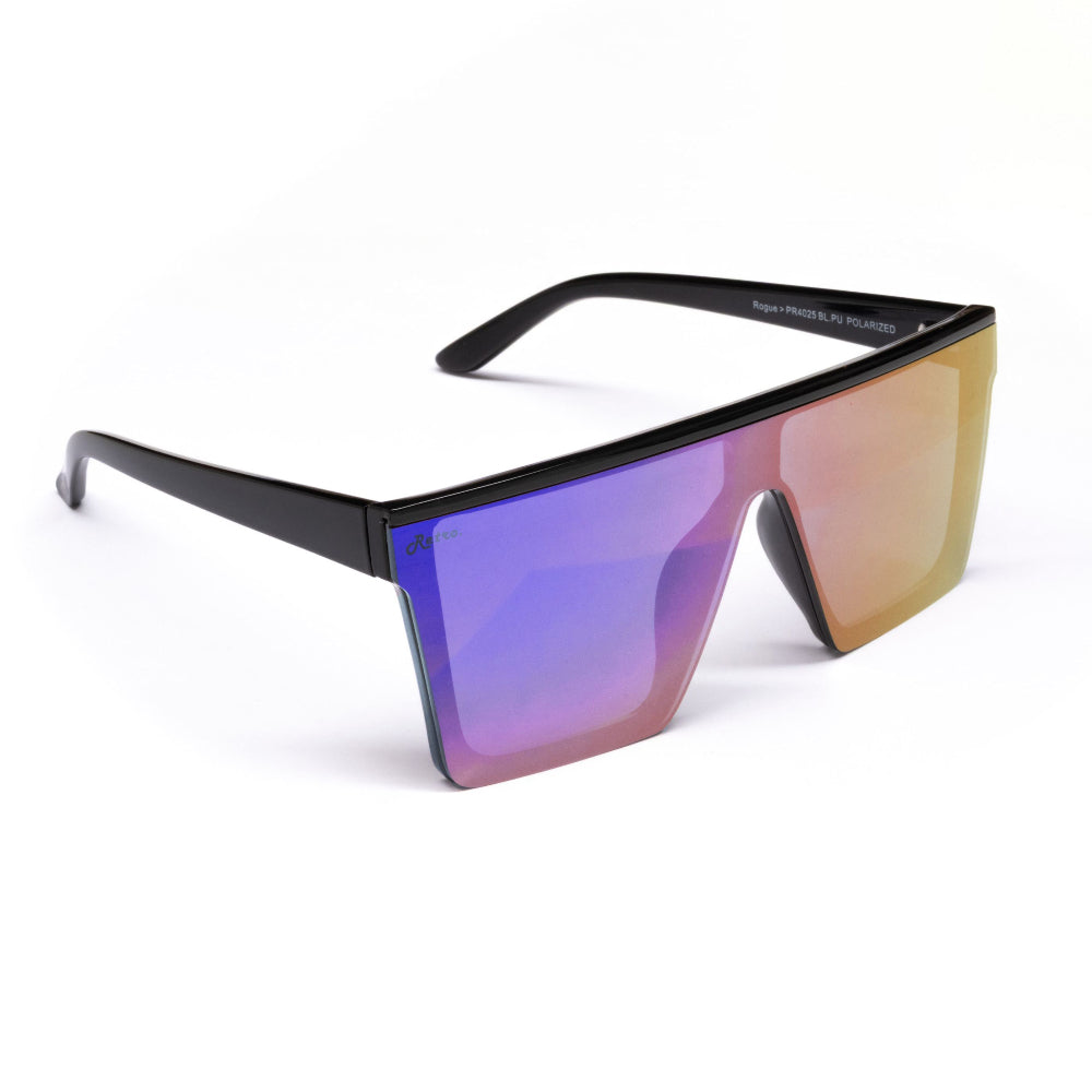 Retro Rogue sunglasses with a black frame and purple lenses on a white background