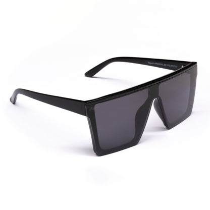 Retro Rogue black sunglasses with a flat top design and grey lenses on a white background