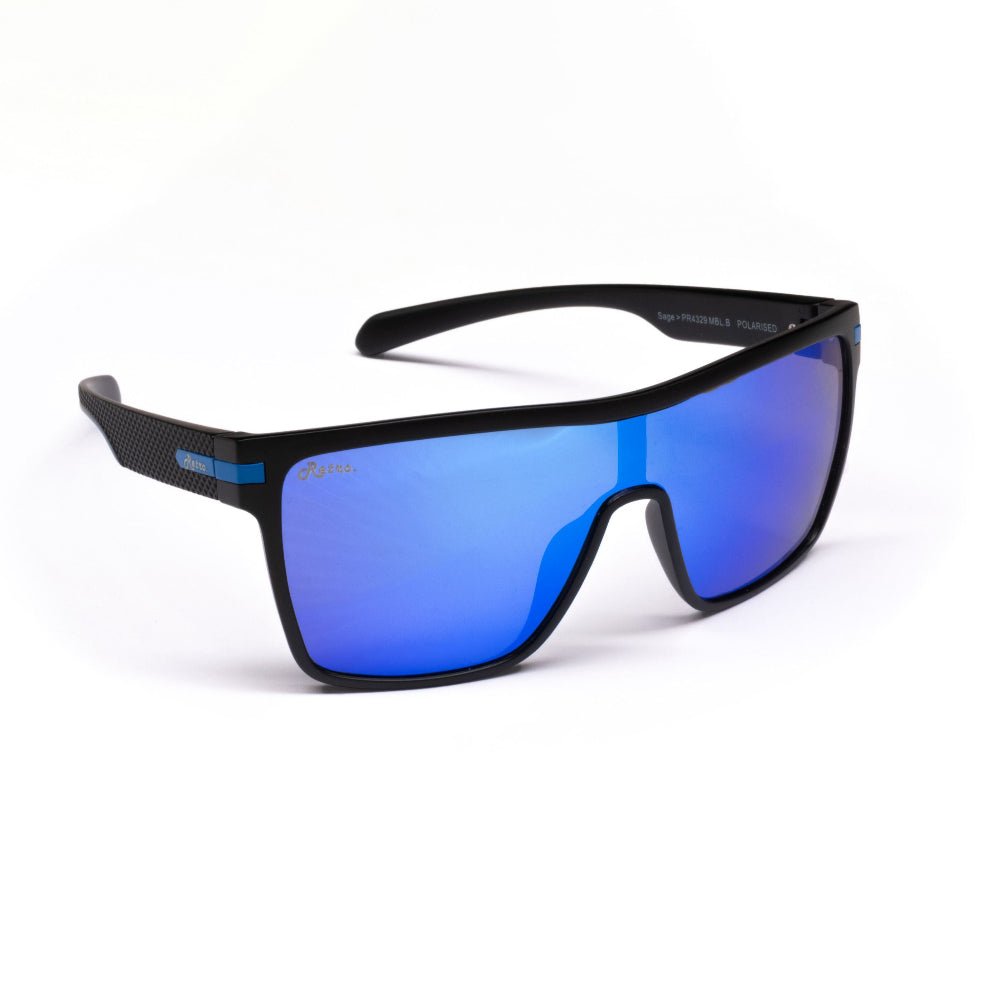 Sage Retro sunglasses with blue reflective lenses and black frame on a white background