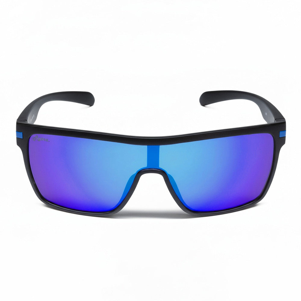 Sage Retro Sunglasses with blue reflective lenses and black frame on a white background