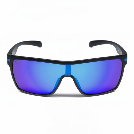 Sage Retro Sunglasses with blue reflective lenses and black frame on a white background