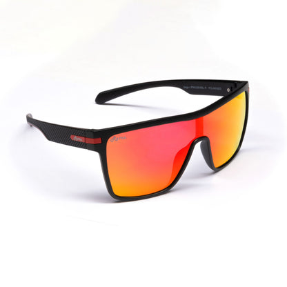 Sage Retro sunglasses with black frame and red-orange lenses on a white background