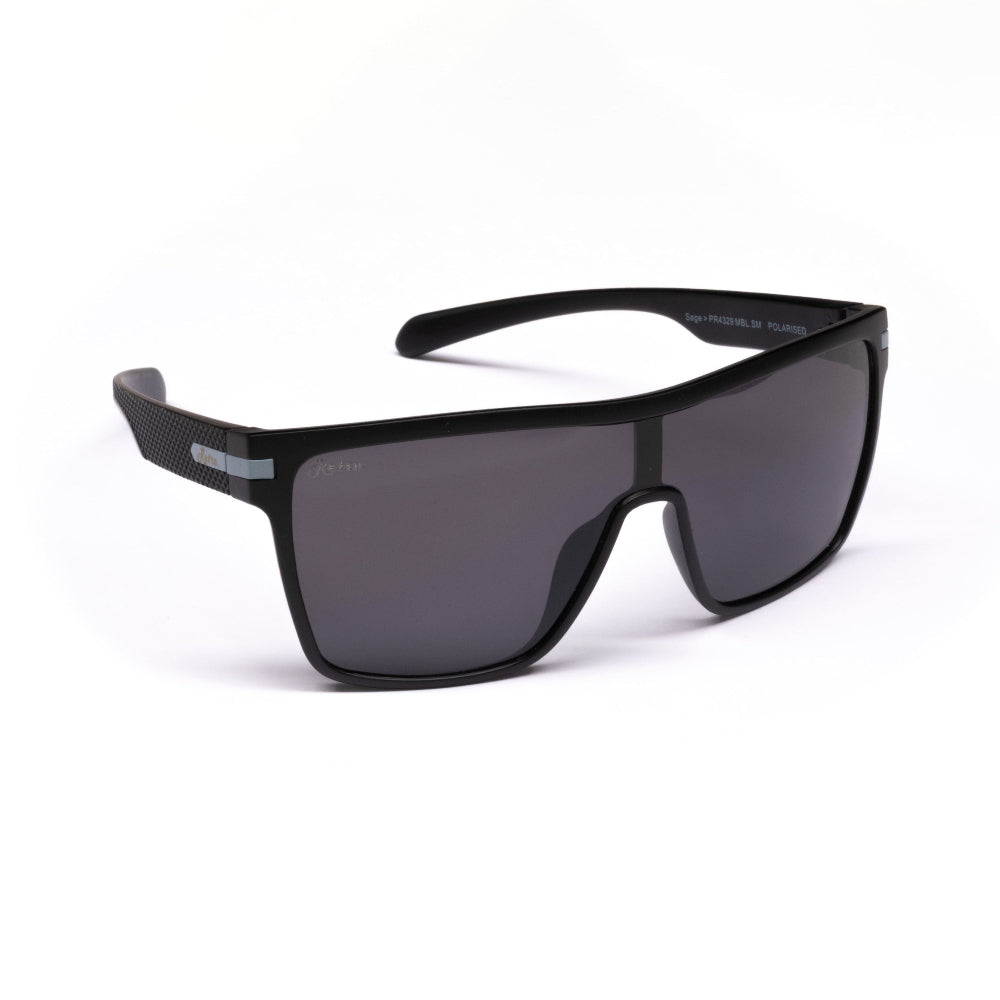 Sage Retro black sunglasses with a shield design on a white background