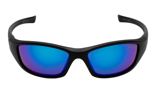 A pair of polarized Ugly Fish Sunglasses with blue lenses. 