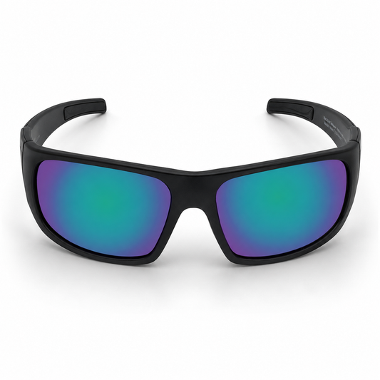 Ugly Fish Tradie Safety sunglasses with black frame and multicolored lenses on a white background