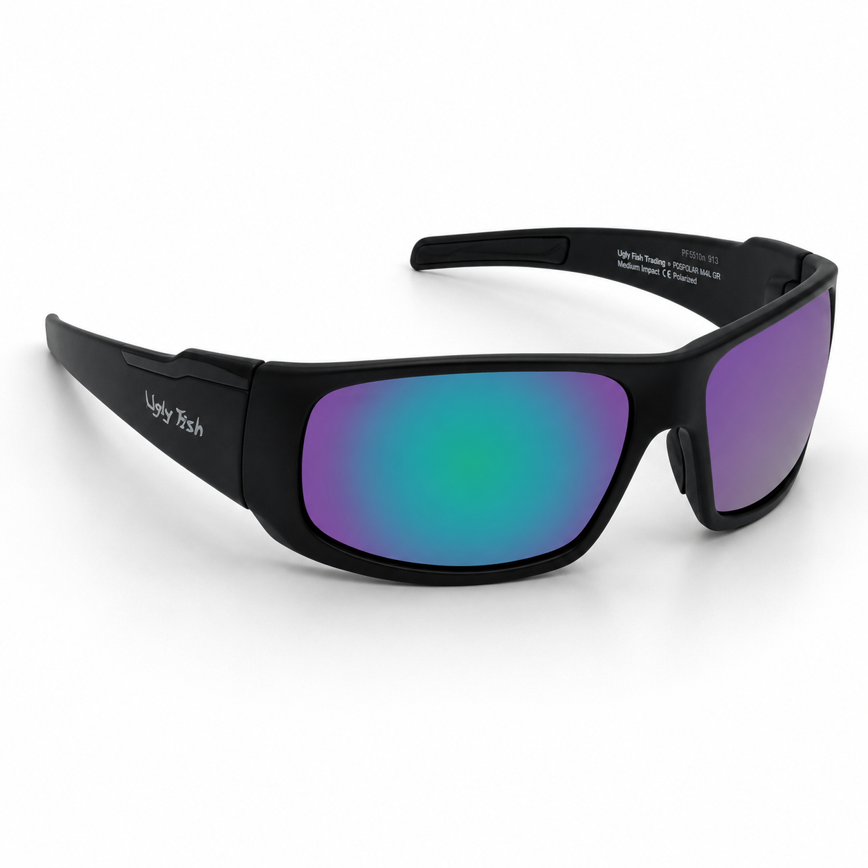 Ugly Fish Polarised Tradie Safety black sunglasses with colorful lenses on a white background