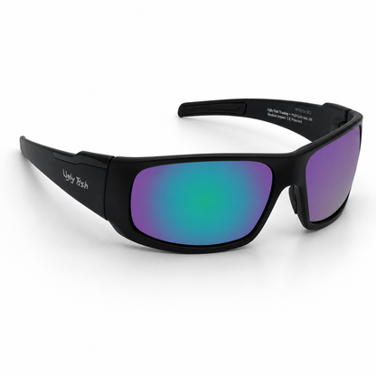 Ugly Fish Polarised Tradie Safety black sunglasses with colorful lenses on a white background