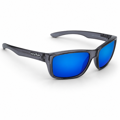 Ugly Fish Wave Premium Polarised sunglasses with blue lenses and crystal smoke frame on a white background