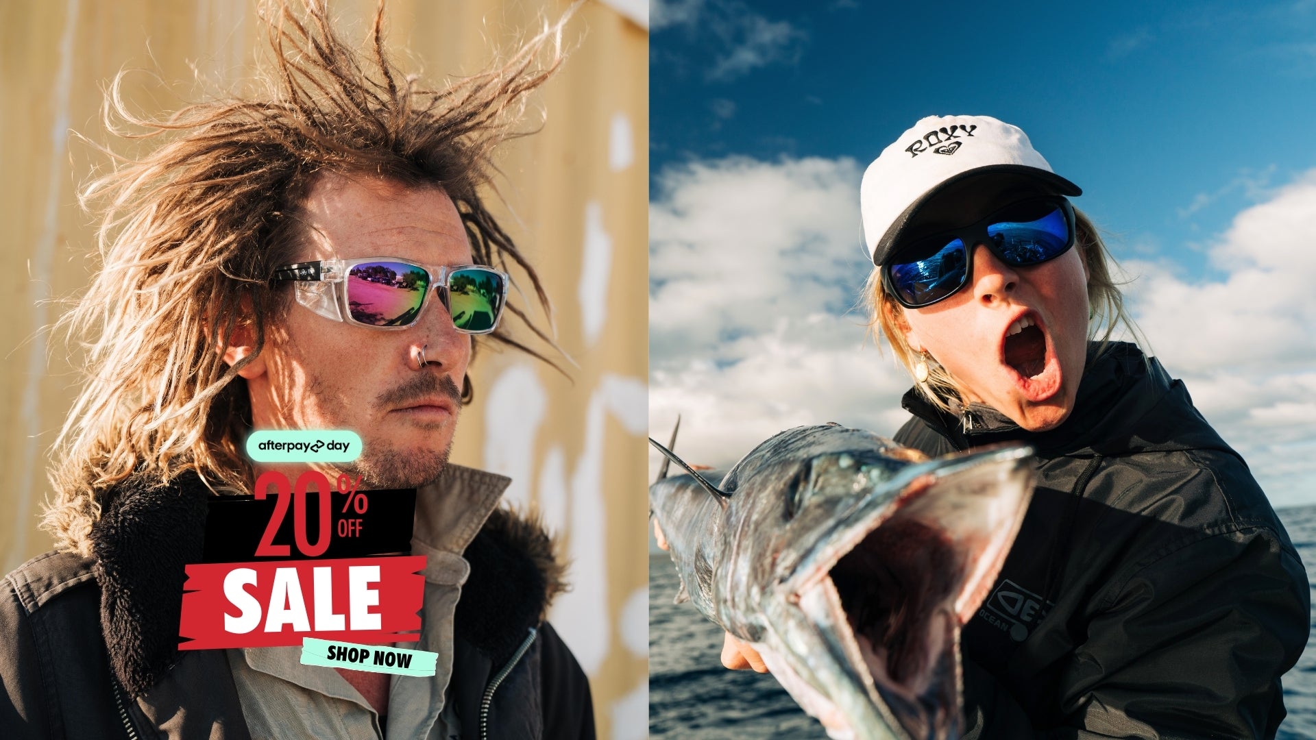 Two people, one with sunglasses and a sale banner, the other holding a fish outdoors.
