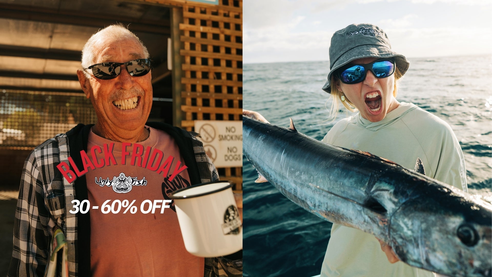 Two people, one with a 'Black Friday' shirt and the other holding a fish, with a '30-60% OFF' text overlay.