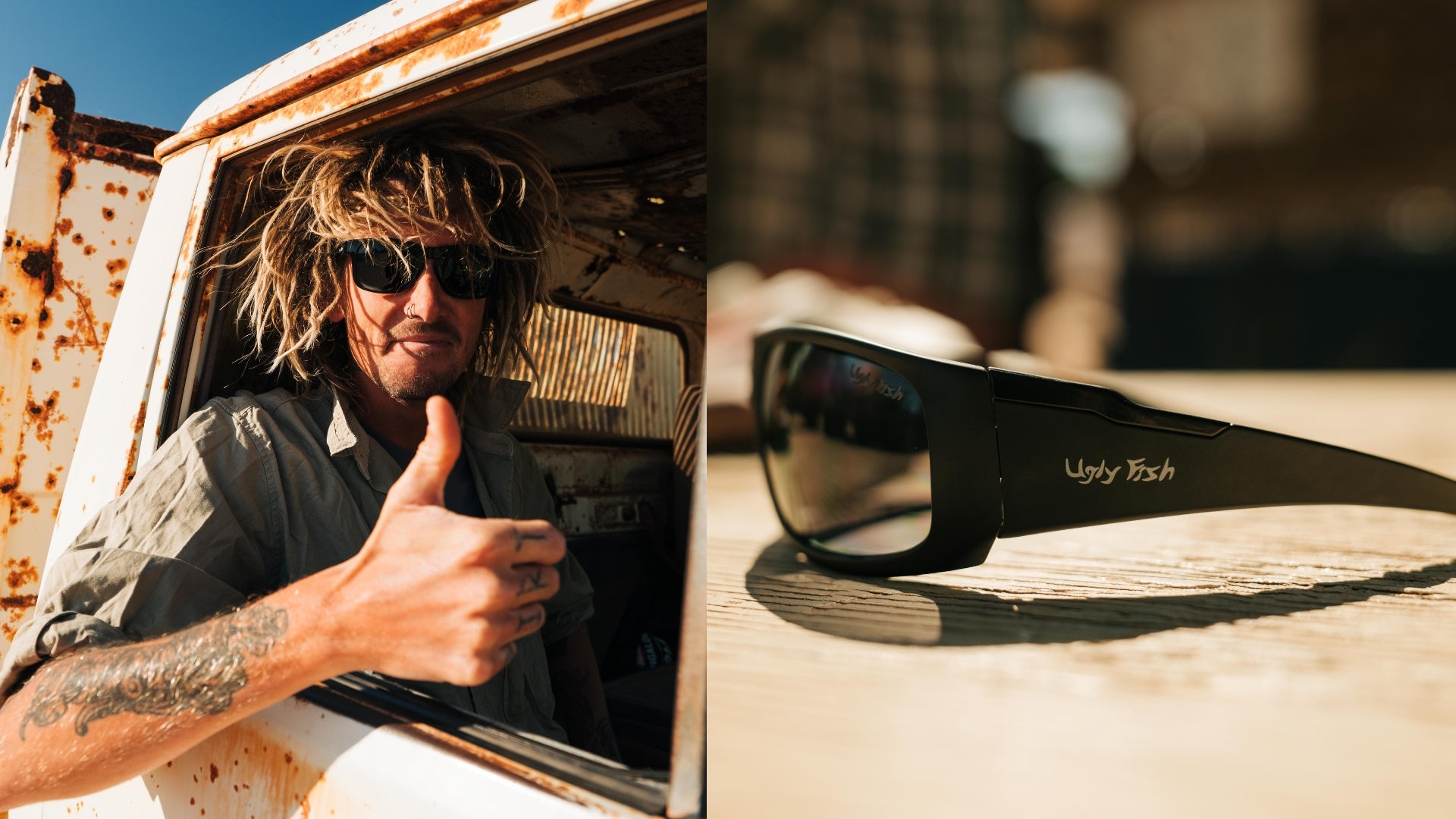 Person giving a thumbs up inside a rusted vehicle with Ugly Fish sunglasses on a wooden surface.