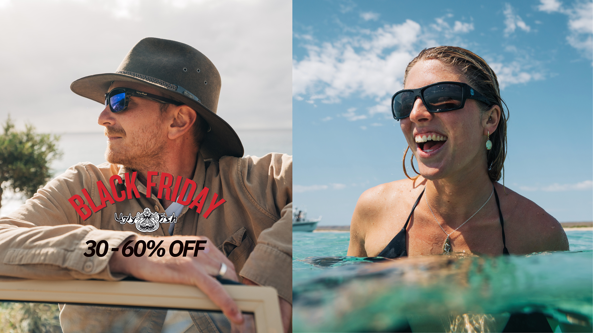 Two people outdoors with promotional text for Black Friday sale.