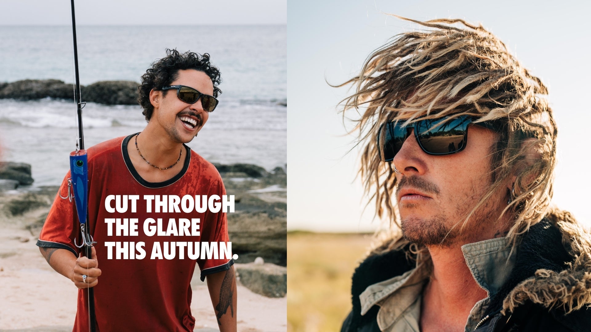 Two men wearing Ugly Fish sunglasses with promotional text overlay on a scenic background.